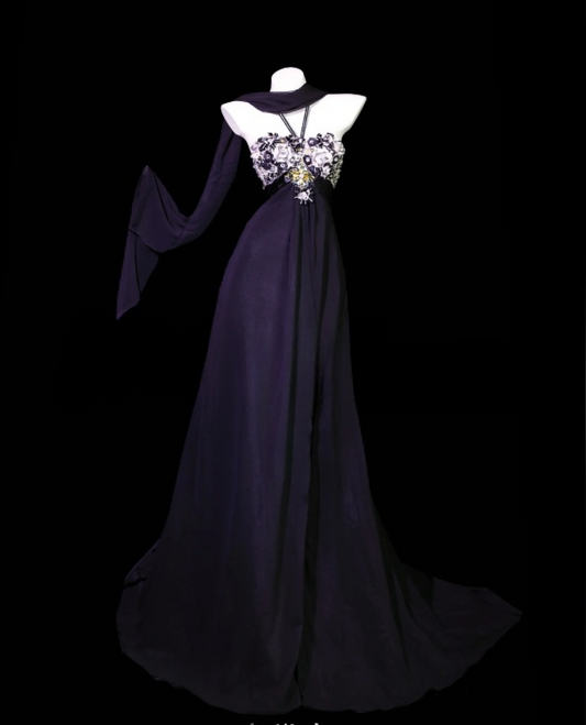 Classy Dark Puprle Prom Dress Chiffon Birthday Dress Sheath Halter Evening Dress ED07078
