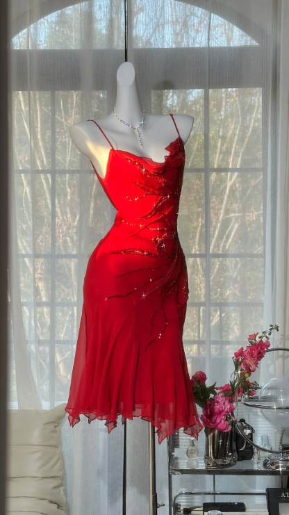 Classy Red Prom Dress Chiffon Beaded Birthday Dress Sheath Sapghetti Straps Evening Dress ED07079