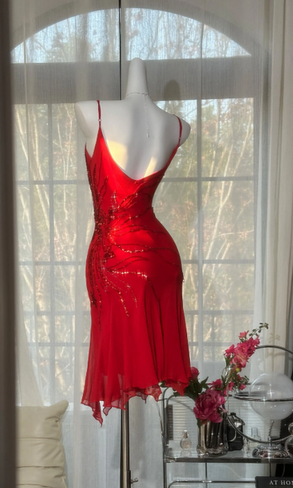 Classy Red Prom Dress Chiffon Beaded Birthday Dress Sheath Sapghetti Straps Evening Dress ED07079