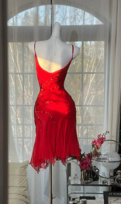 Classy Red Prom Dress Chiffon Beaded Birthday Dress Sheath Sapghetti Straps Evening Dress ED07079