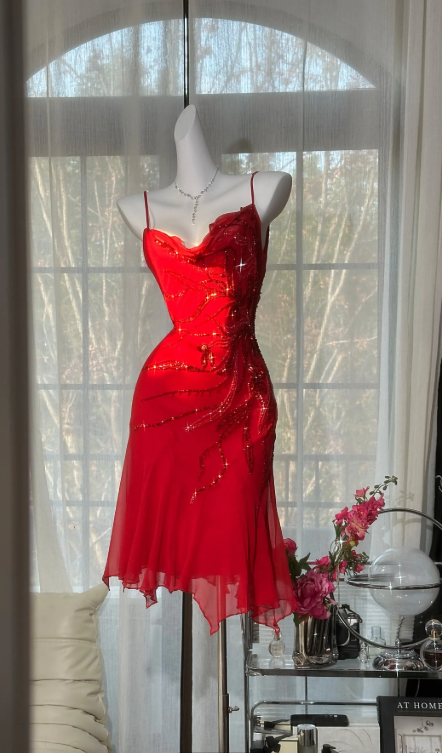 Classy Red Prom Dress Chiffon Beaded Birthday Dress Sheath Sapghetti Straps Evening Dress ED07079