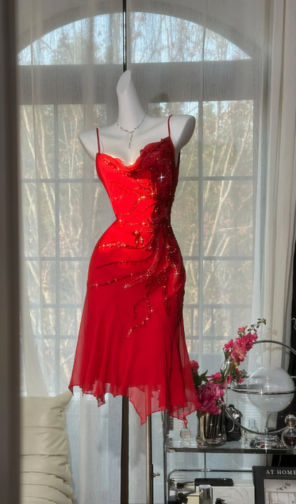 Classy Red Prom Dress Chiffon Beaded Birthday Dress Sheath Sapghetti Straps Evening Dress ED07079