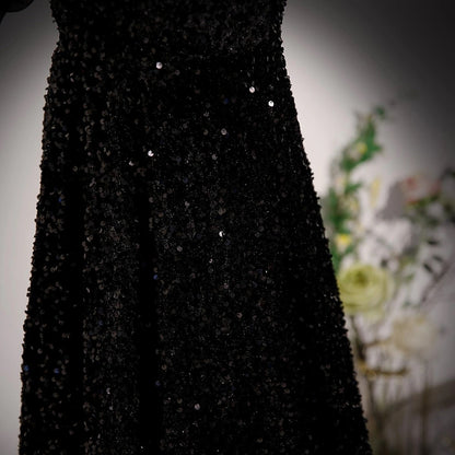 A-Line Off Shoulder Velvet Sequin Long Black Prom Dress, Black Long Evening Dress ED0707