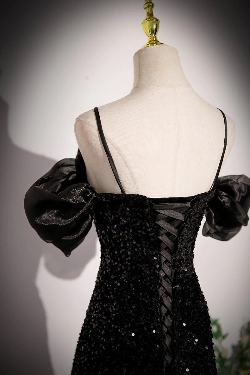 A-Line Off Shoulder Velvet Sequin Long Black Prom Dress, Black Long Evening Dress ED0707