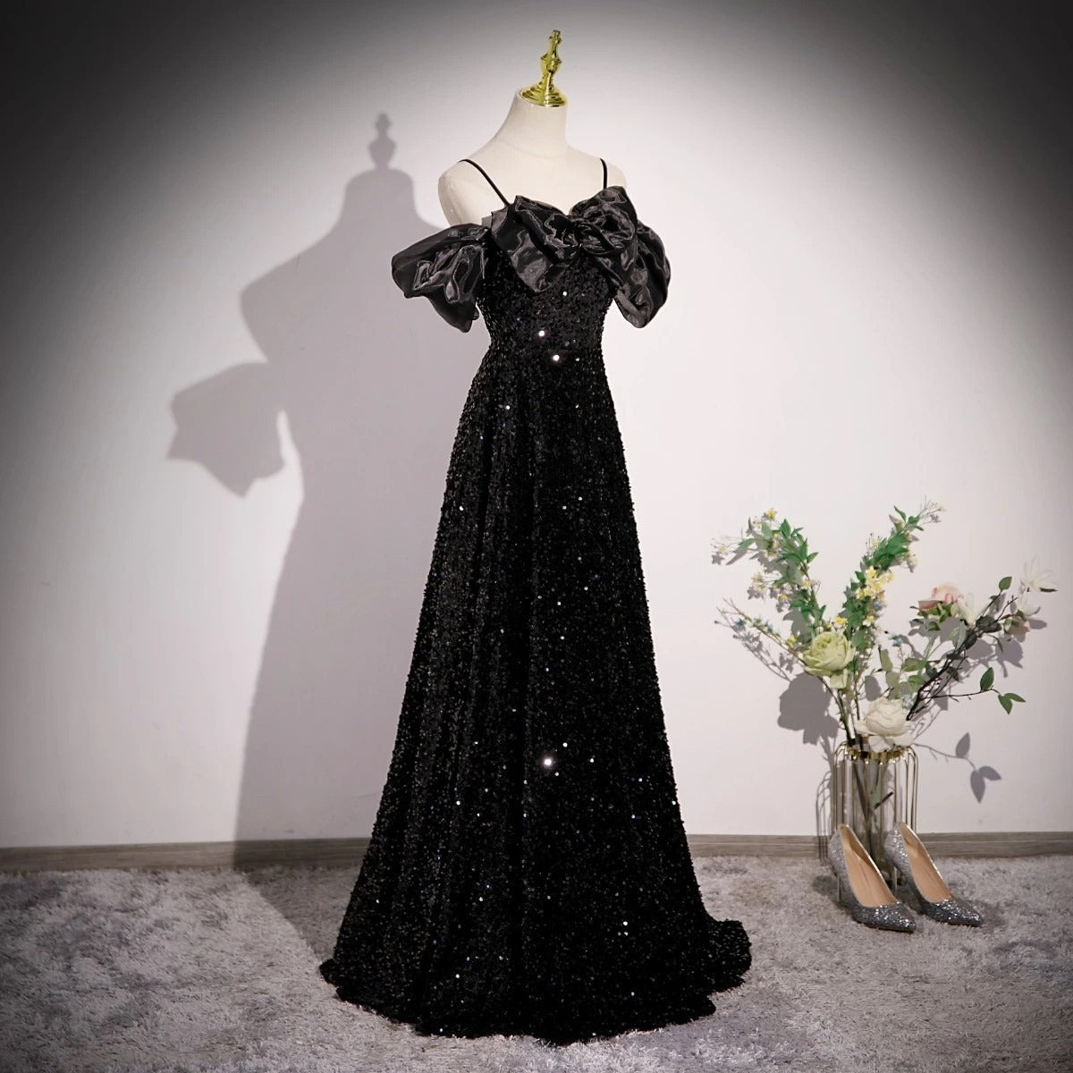 A-Line Off Shoulder Velvet Sequin Long Black Prom Dress, Black Long Evening Dress ED0707