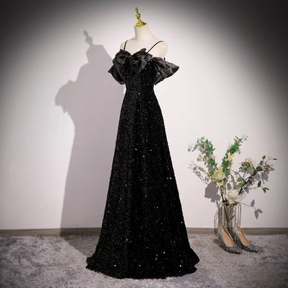 A-Line Off Shoulder Velvet Sequin Long Black Prom Dress, Black Long Evening Dress ED0707