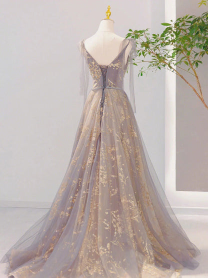 A-Line V Neck Tulle Long Prom Dresses, Tulle Formal Evening Dresses ED0708