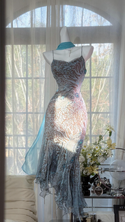 Chic Blue Prom Dress Chiffon Birthday Dress Sheath Sapghetti Straps Evening Dress ED07081
