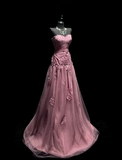 Robe de bal rose poudré chic, ornée d'appliques en tulle, robe d'anniversaire, coupe trapèze, sans bretelles, robe de soirée ED07082
