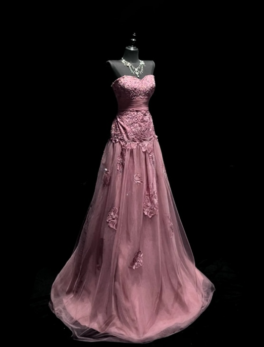 Chic Dusty Pink Prom Dress Tulle Appliques Birthday Dress A-Line Strapless Evening Dress ED07082