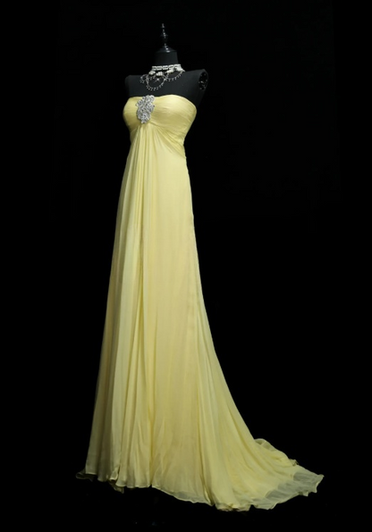Robe de bal jaune chic en mousseline, robe d'anniversaire fourreau sans bretelles, robe de soirée ED07084
