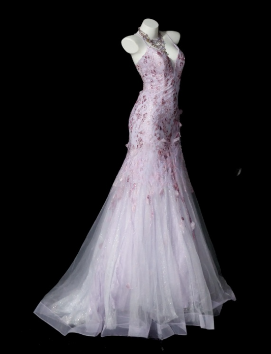 Chic Purple Prom Dress Tulle Appliques Birthday Dress Spaghetti Straps Mermaid Evening Dress ED07085