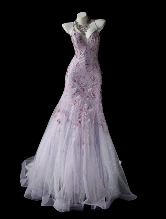 Chic Purple Prom Dress Tulle Appliques Birthday Dress Spaghetti Straps Mermaid Evening Dress ED07085