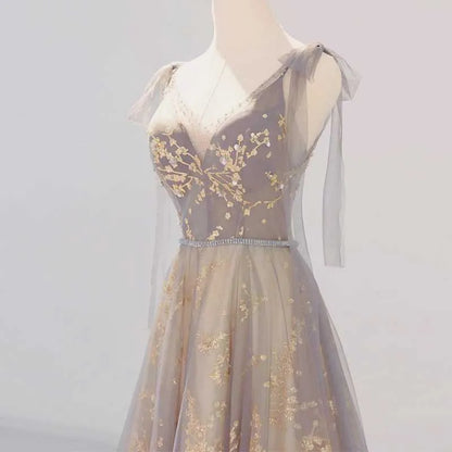A-Line V Neck Tulle Long Prom Dresses, Tulle Formal Evening Dresses ED0708
