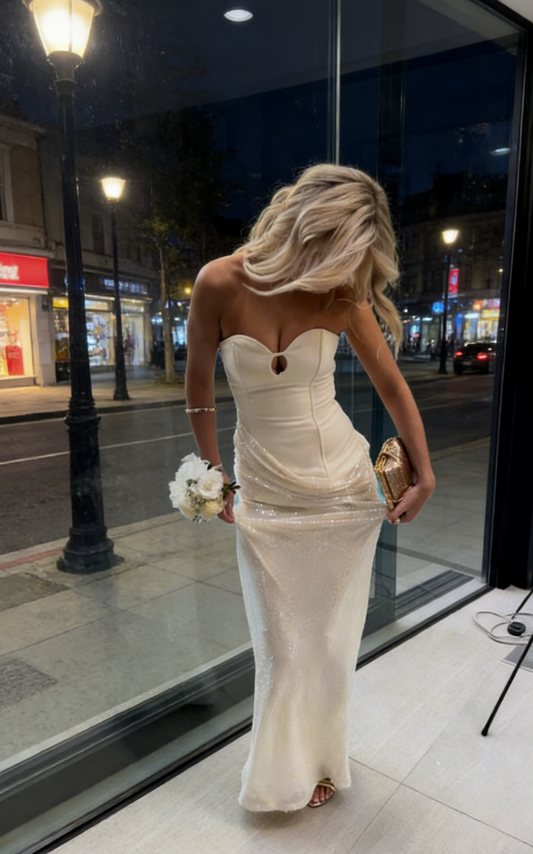 Sexy White Prom Dress Satin Birthday Dress Sheath Strapless Evening Dress ED07090