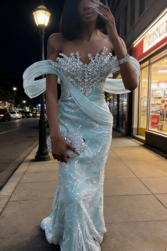 Sexy Tiffany Blue Prom Dress Tulle Birthday Dress Sheath Off-shoulder Evening Dress ED07091