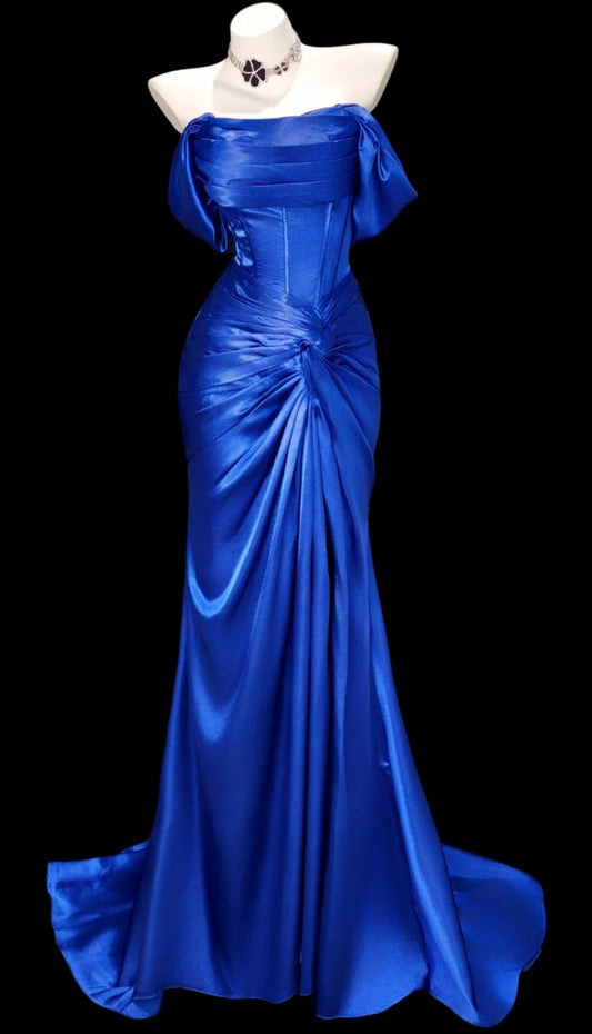 Chic Blue Prom Dress Satin Birthday Dress Sheath Off-shoulder Evening Dress ED07093