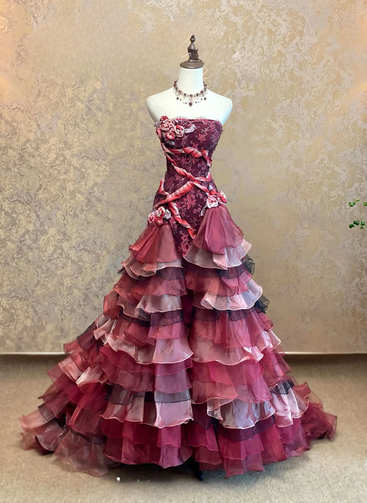 Chic Red Prom Dress Tiered Tulle Birthday Dress A-line Strapless Evening Dress ED07099