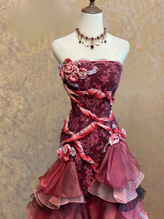 Chic Red Prom Dress Tiered Tulle Birthday Dress A-line Strapless Evening Dress ED07099