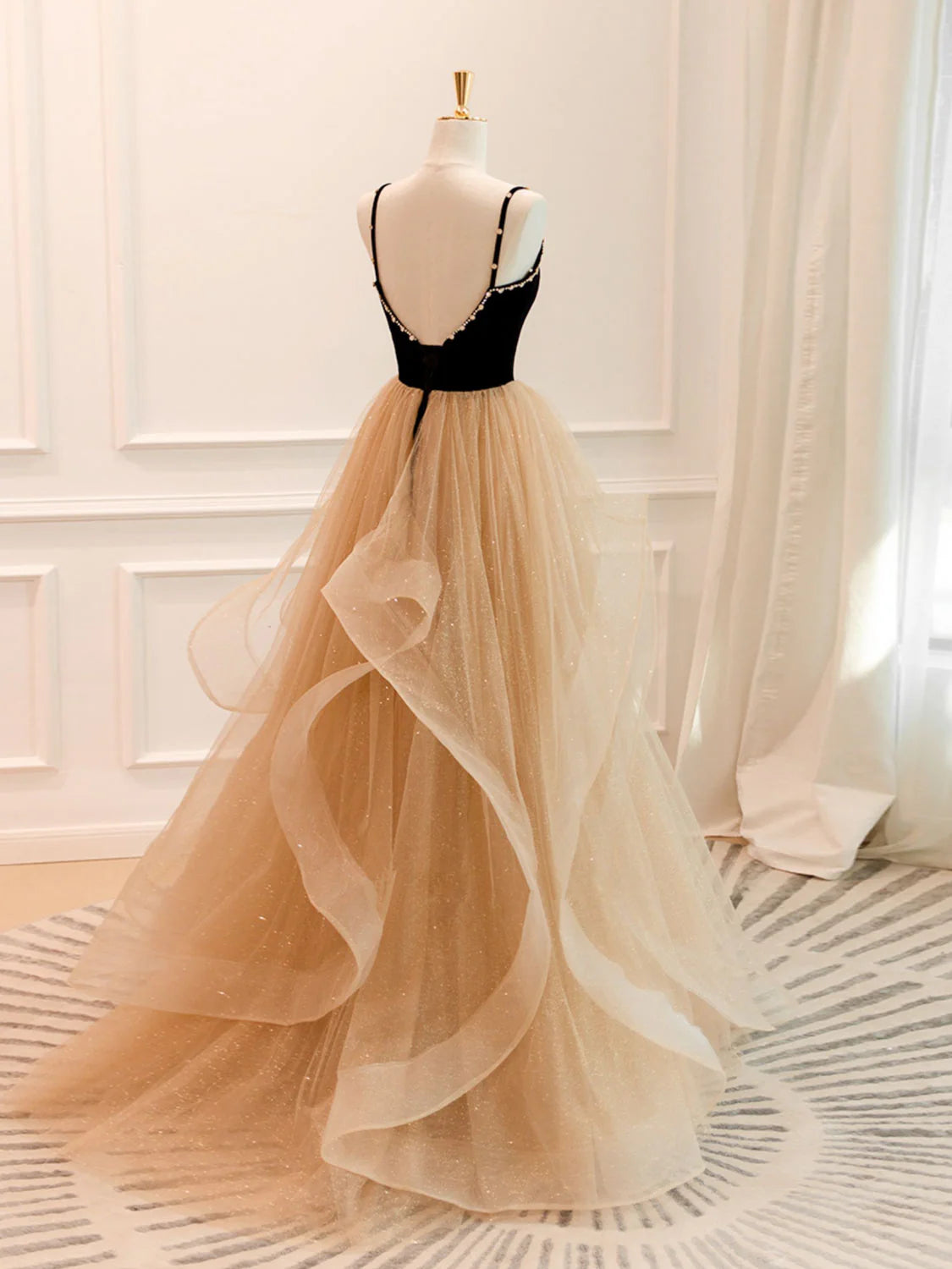 Robe de bal longue en tulle champagne, coupe trapèze, robe de soirée champagne ED0710