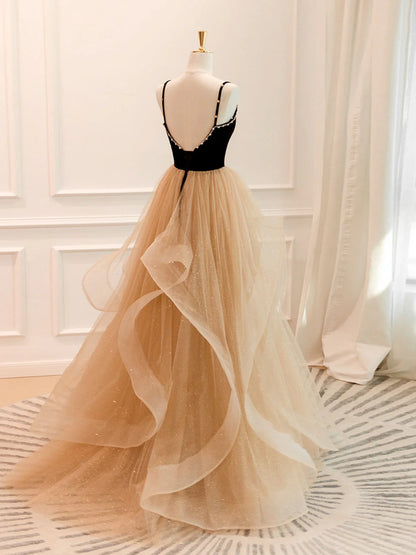 Robe de bal longue en tulle champagne, coupe trapèze, robe de soirée champagne ED0710