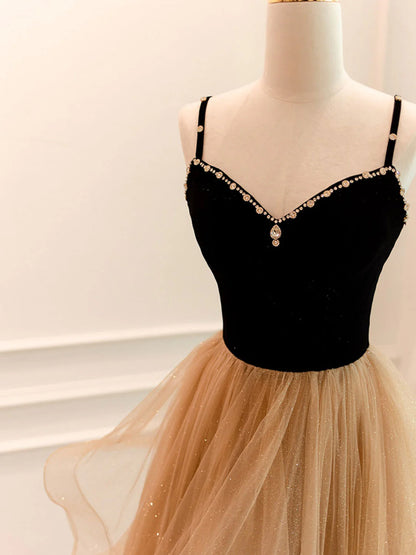 Robe de bal longue en tulle champagne, coupe trapèze, robe de soirée champagne ED0710