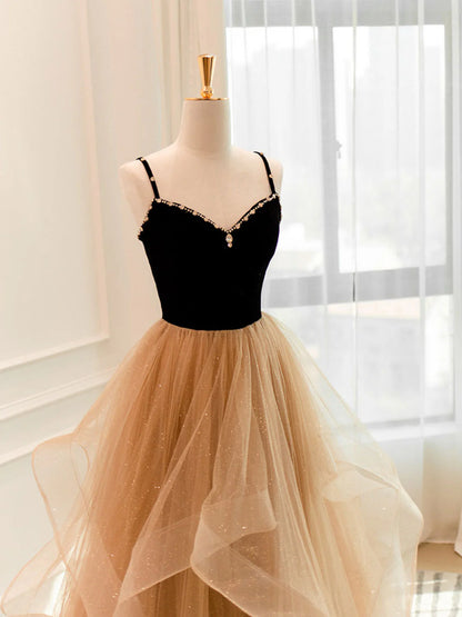 Robe de bal longue en tulle champagne, coupe trapèze, robe de soirée champagne ED0710