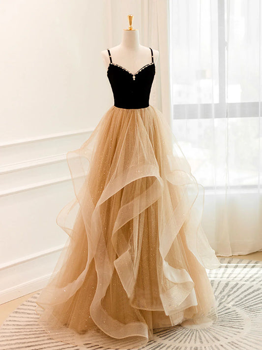 Robe de bal longue en tulle champagne, coupe trapèze, robe de soirée champagne ED0710