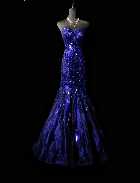 Chic Blue Prom Dress Mirror Birthday Dress Mermaid Sweetheart Evening Dress ED07100