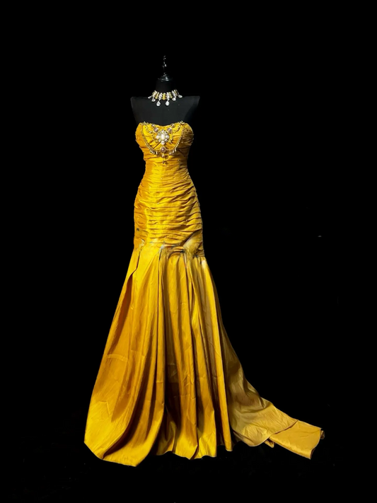 Elegant Gold Prom Dress Satin Birthday Dress Sheath Strapless Evening Dress ED07103