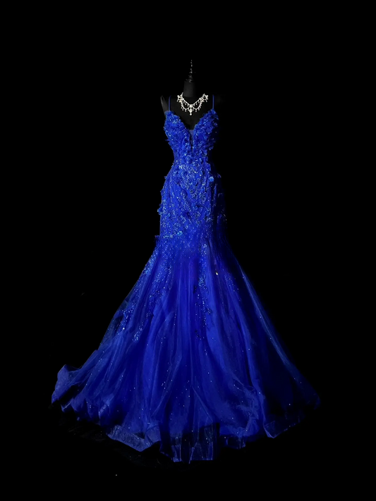 Elegant Royal Blue Prom Dress Tulle Appliques Birthday Dress Spaghetti Straps A-Line Evening Dress ED07104