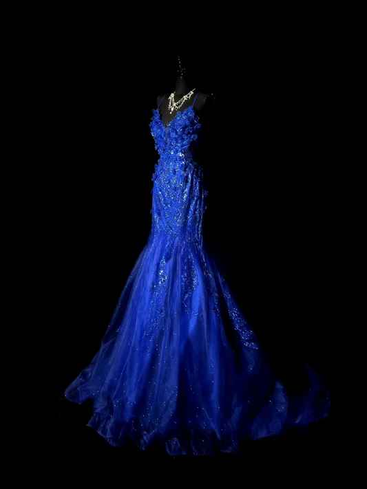 Elegant Royal Blue Prom Dress Tulle Appliques Birthday Dress Spaghetti Straps A-Line Evening Dress ED07104