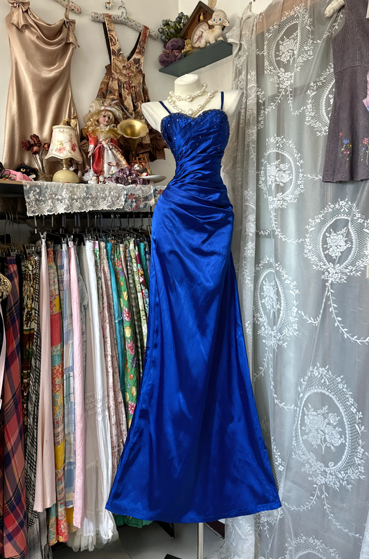 Elegant Blue Prom Dress Satin Birthday Dress Spahetti Straps Sheath Evening Dress ED07107