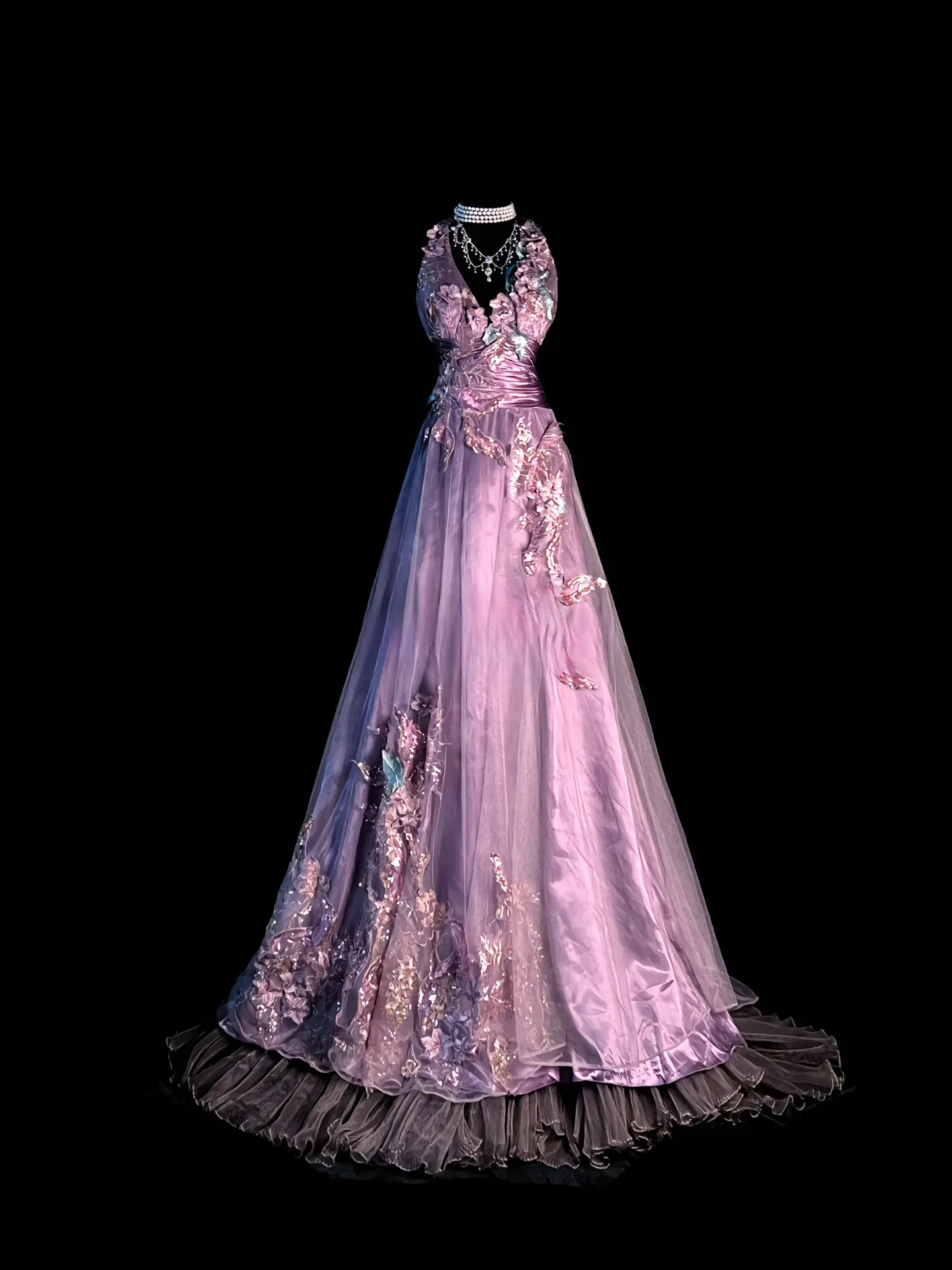 Robe de bal violette chic avec appliques en tulle, robe d'anniversaire, col en V, robe de soirée trapèze ED07108