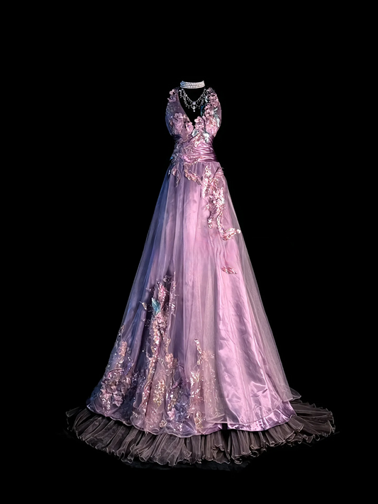 Chic Purple Prom Dress Tulle Appliques Birthday Dress V-neck A-Line Evening Dress ED07108