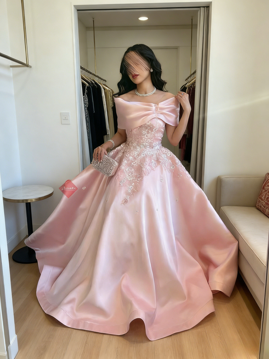 Chic Pink Prom Dress Satin Birthday Dress Off-shoulder A-Line Evening Dress ED07109
