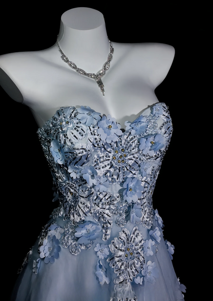 Chic Blue Prom Dress Tulle Appliques Birthday Dress Sweetheart A-Line Evening Dress ED07109