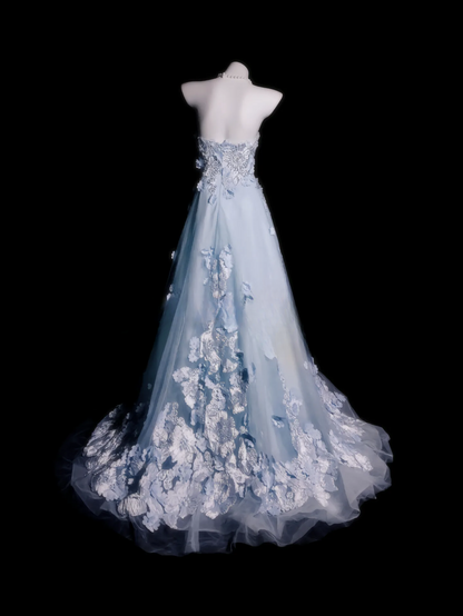 Chic Blue Prom Dress Tulle Appliques Birthday Dress Sweetheart A-Line Evening Dress ED07109