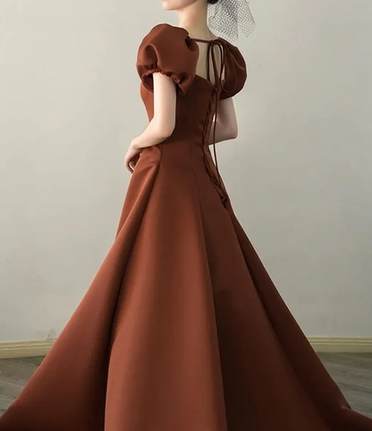 A-Line Puff Sleeves Satin Long Prom Dress, Long Evening Dresses ED0711