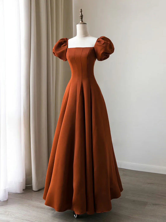 A-Line Puff Sleeves Satin Long Prom Dress, Long Evening Dresses ED0711