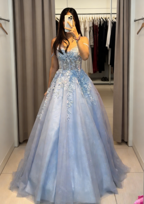Chic Blue Prom Dress Tulle Appliques Birthday Dress Spaghetti Straps A-Line Evening Dress ED07110