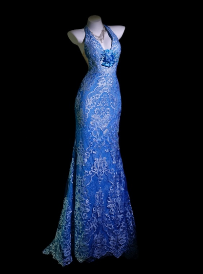 Robe de bal bleue chic en tulle et dentelle, robe d'anniversaire fourreau dos nu, robe de soirée ED07111