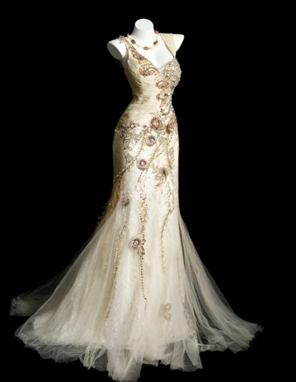 Chic Apricot Prom Dress Tulle Lace Appliques Birthday Dress Straps Mermaid Evening Dress ED07112