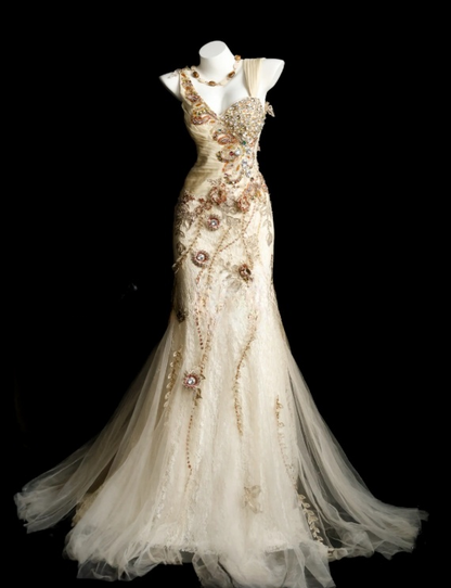 Chic Apricot Prom Dress Tulle Lace Appliques Birthday Dress Straps Mermaid Evening Dress ED07112