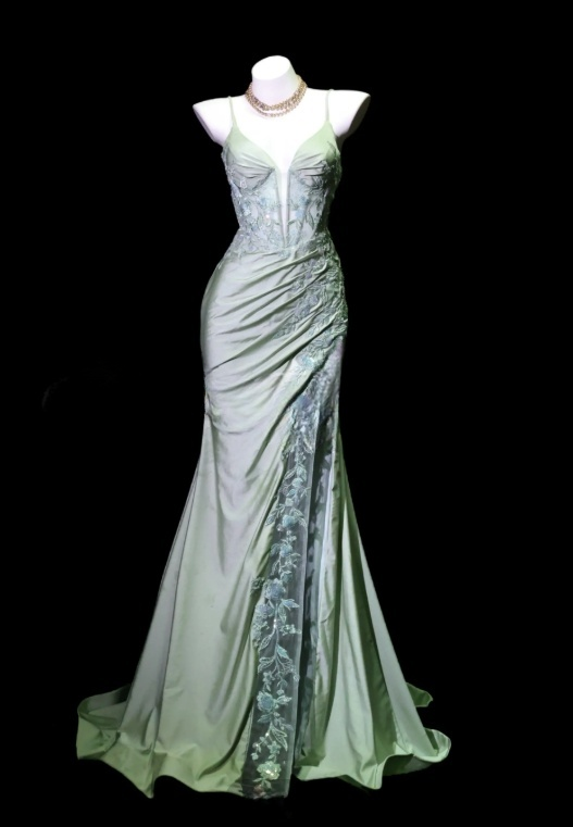 Chic Green Prom Dress Satin Appliques Birthday Dress Spaghetti Straps Sheath Evening Dress ED07114