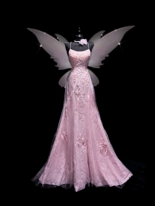 Chic Pink Prom Dress Tulle Appliques Birthday Dress Spaghetti Straps Sheath Evening Dress ED07117
