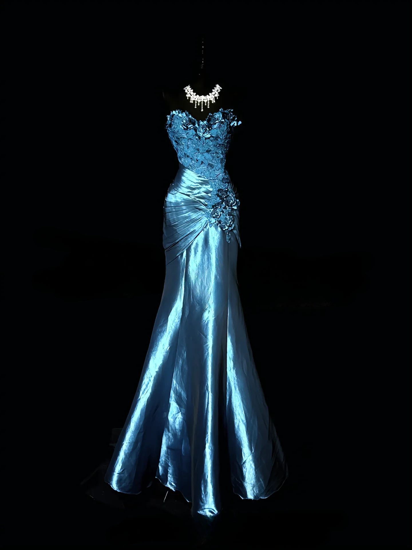 Elegantes türkisfarbenes Ballkleid aus Satin und Spitze, trägerloses Meerjungfrauen-Abendkleid ED07119