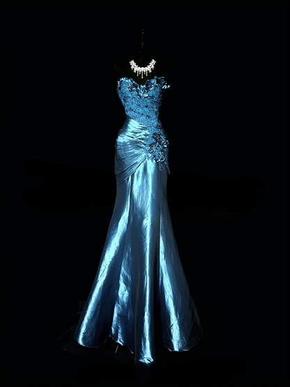 Elegantes türkisfarbenes Ballkleid aus Satin und Spitze, trägerloses Meerjungfrauen-Abendkleid ED07119