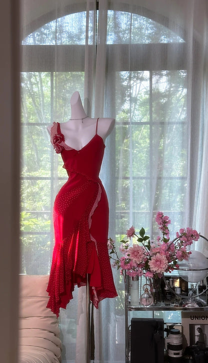 Robe de bal rouge chic en mousseline, robe d'anniversaire à fines bretelles, robe fourreau de soirée ED07121