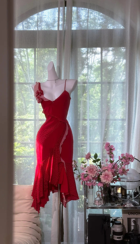 Chic Red Prom Dress Chiffon Birthday Dress Spaghetti Straps Sheath Evening Dress ED07121